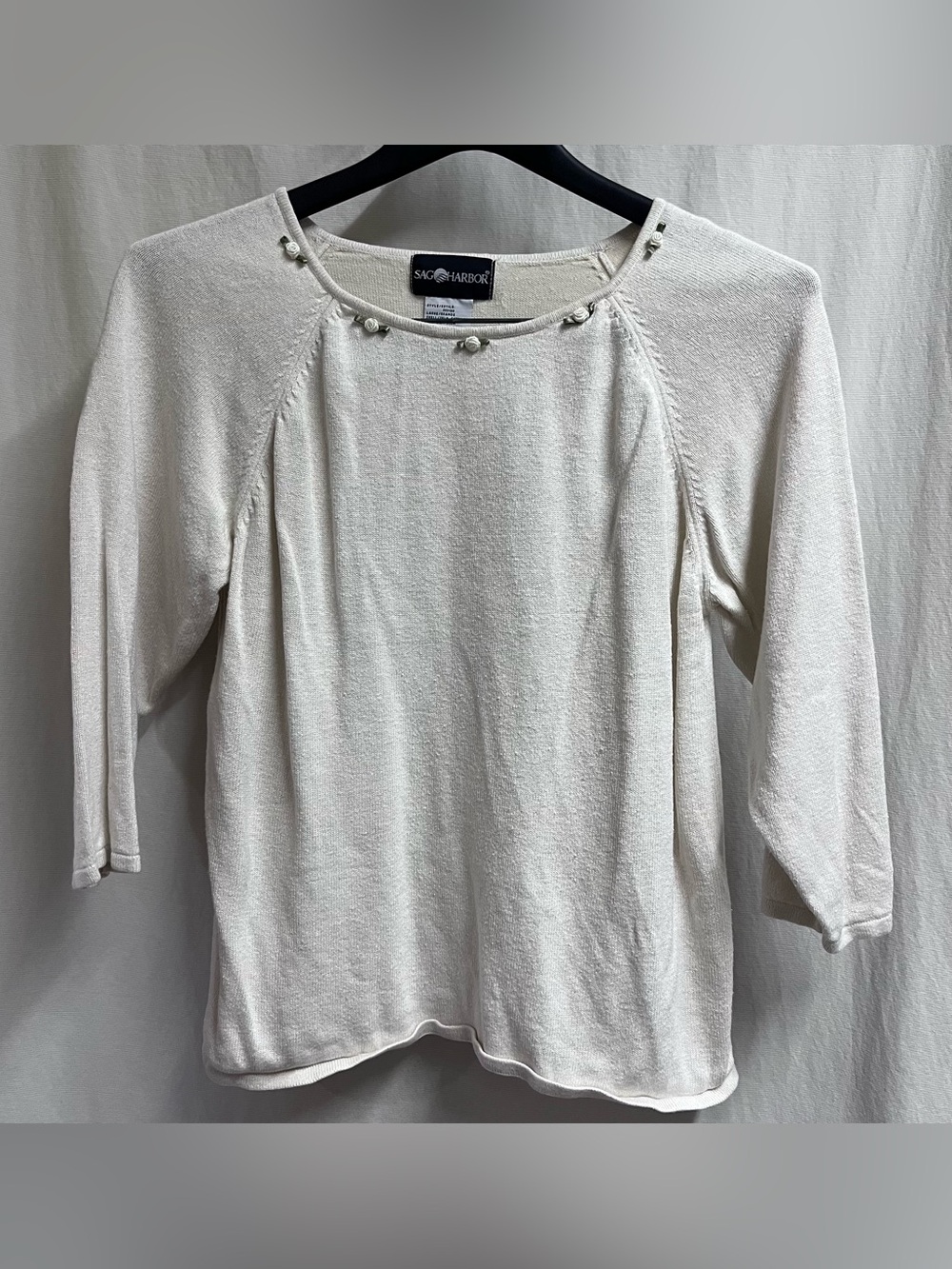 Vintage Sag Harbor Womens Large 3/4 Sleeve White Silk Floral Neckline Grannycore